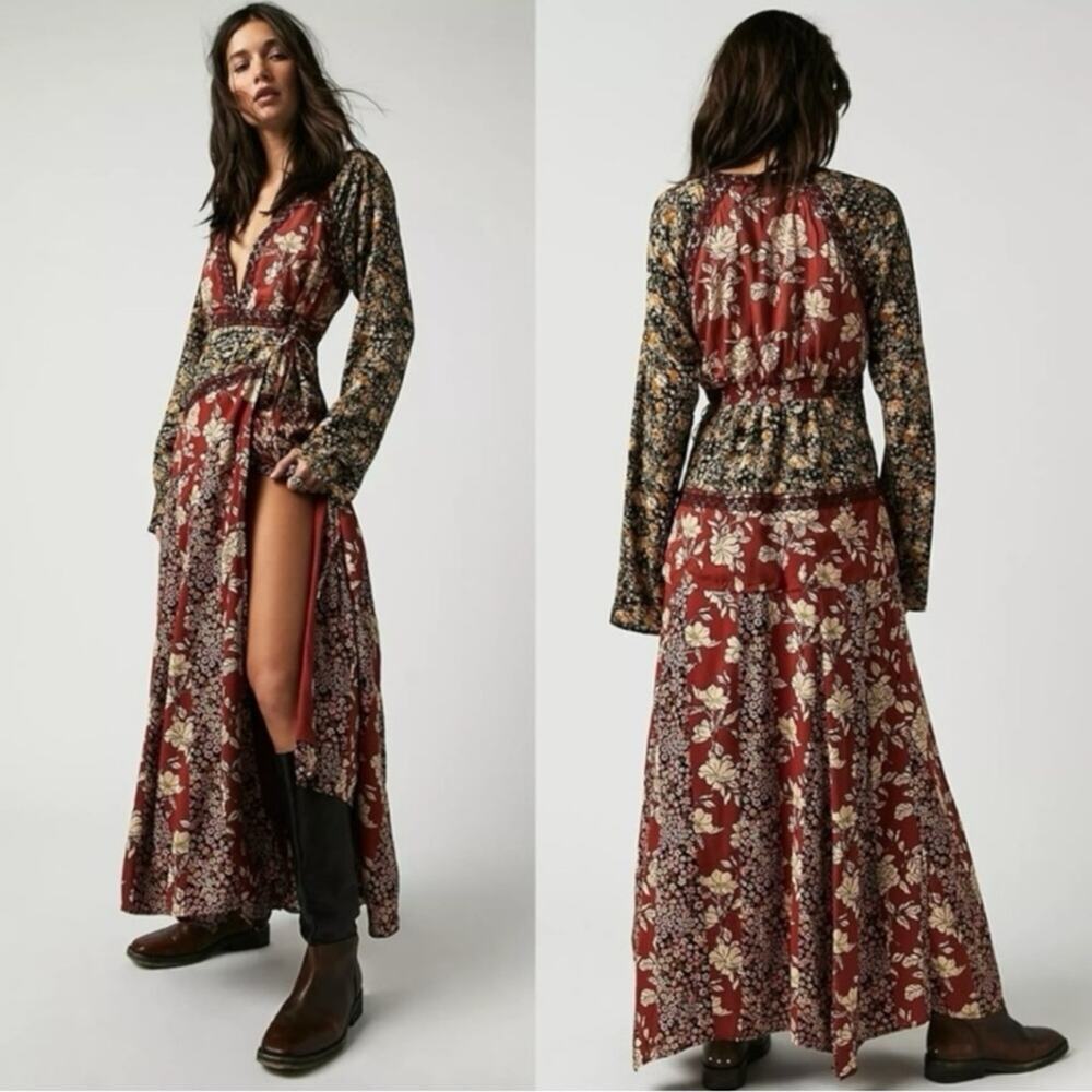 Free People Tilda Maxi Wrap Dress Neutral Western Bohemian Witchy XS NWT - Picture 4 of 14